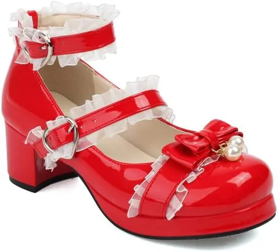 Women's Bow Lace Pearl Chunky Heel Platform Pumps High Heels Mary Jane Lolita Shoes