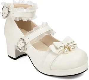 Women's Bow Lace Pearl Chunky Heel Platform Pumps High Heels Mary Jane Lolita Shoes