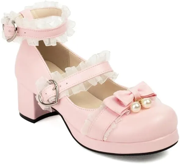 Women's Bow Lace Pearl Chunky Heel Platform Pumps High Heels Mary Jane Lolita Shoes