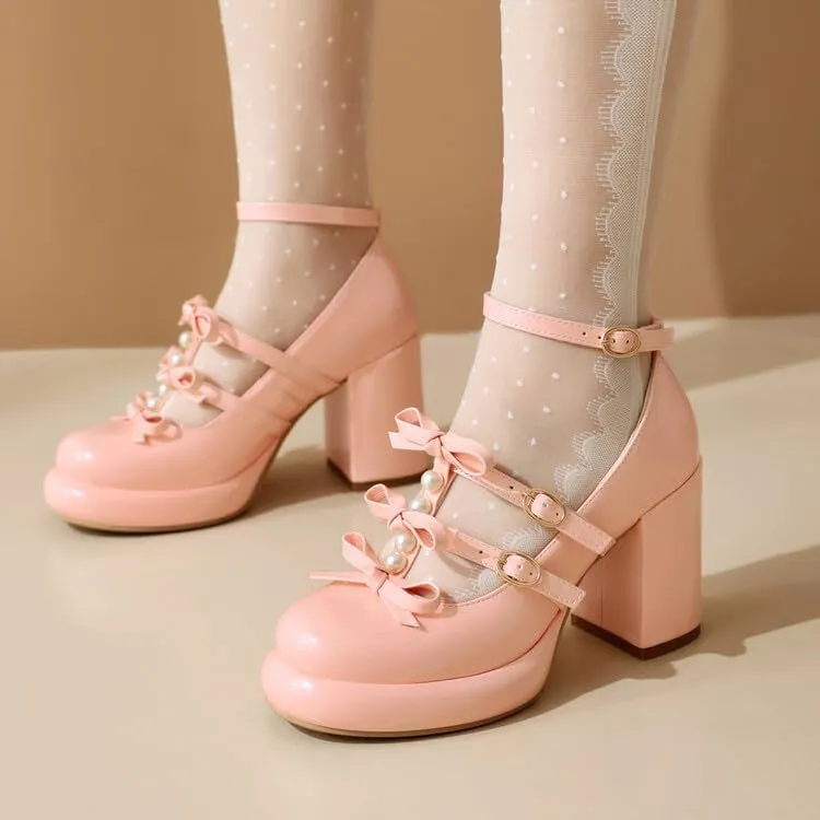 Women's Bows Buckle Ankle Straps Platform Square High Heel Pumps