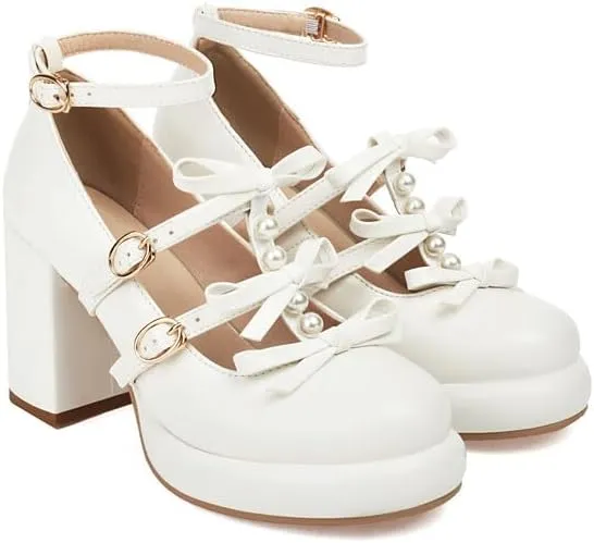 Women's Bows Buckle Ankle Straps Platform Square High Heel Pumps