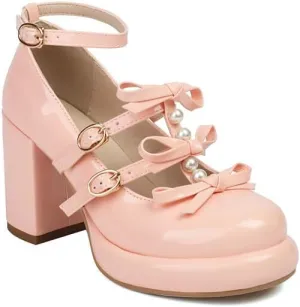 Women's Bows Buckle Ankle Straps Platform Square High Heel Pumps