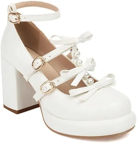Women's Bows Buckle Ankle Straps Platform Square High Heel Pumps