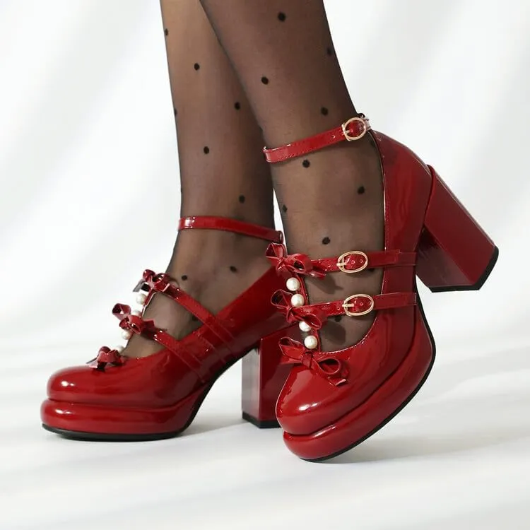 Women's Bows Buckle Ankle Straps Platform Square High Heel Pumps