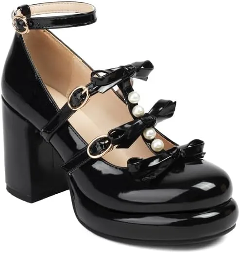 Women's Bows Buckle Ankle Straps Platform Square High Heel Pumps
