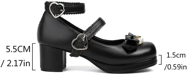 Women's Bowtie Buckle Chunky Heel Platform Pumps High Heels Mary Jane Lolita Shoes