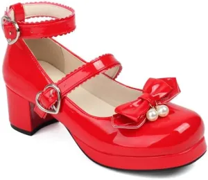 Women's Bowtie Buckle Chunky Heel Platform Pumps High Heels Mary Jane Lolita Shoes