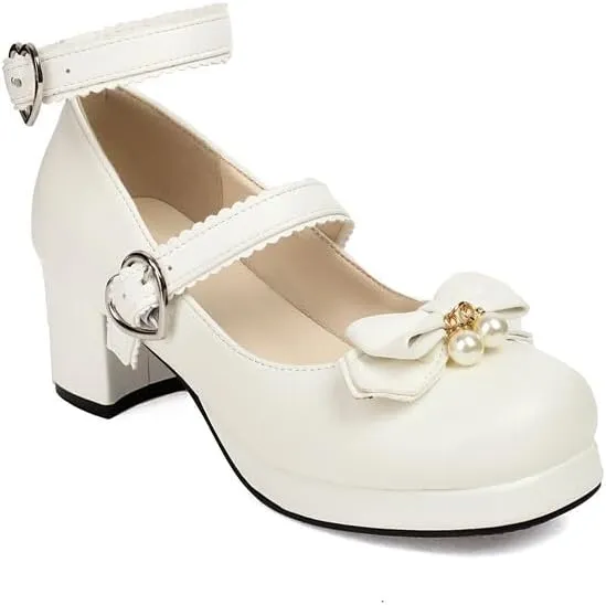Women's Bowtie Buckle Chunky Heel Platform Pumps High Heels Mary Jane Lolita Shoes