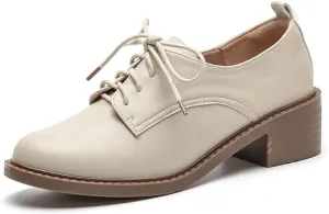 Women's Chunky Heel Breathable Leather Oxfords,Comfortable Round Toe Lace Up Block Mid Heel Dress Shoes,Casual Business Offices Work Shoes