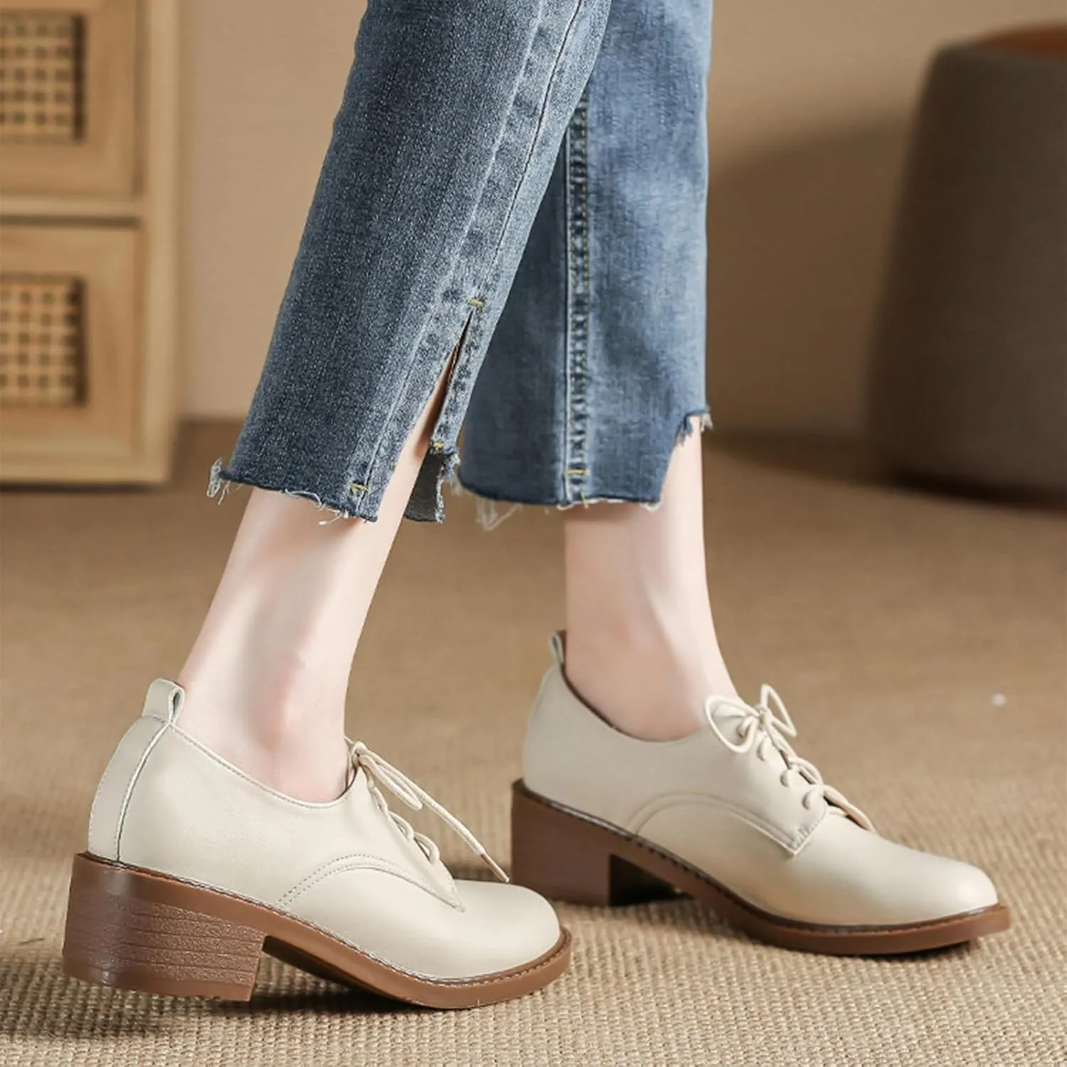 Women's Chunky Heel Breathable Leather Oxfords,Comfortable Round Toe Lace Up Block Mid Heel Dress Shoes,Casual Business Offices Work Shoes