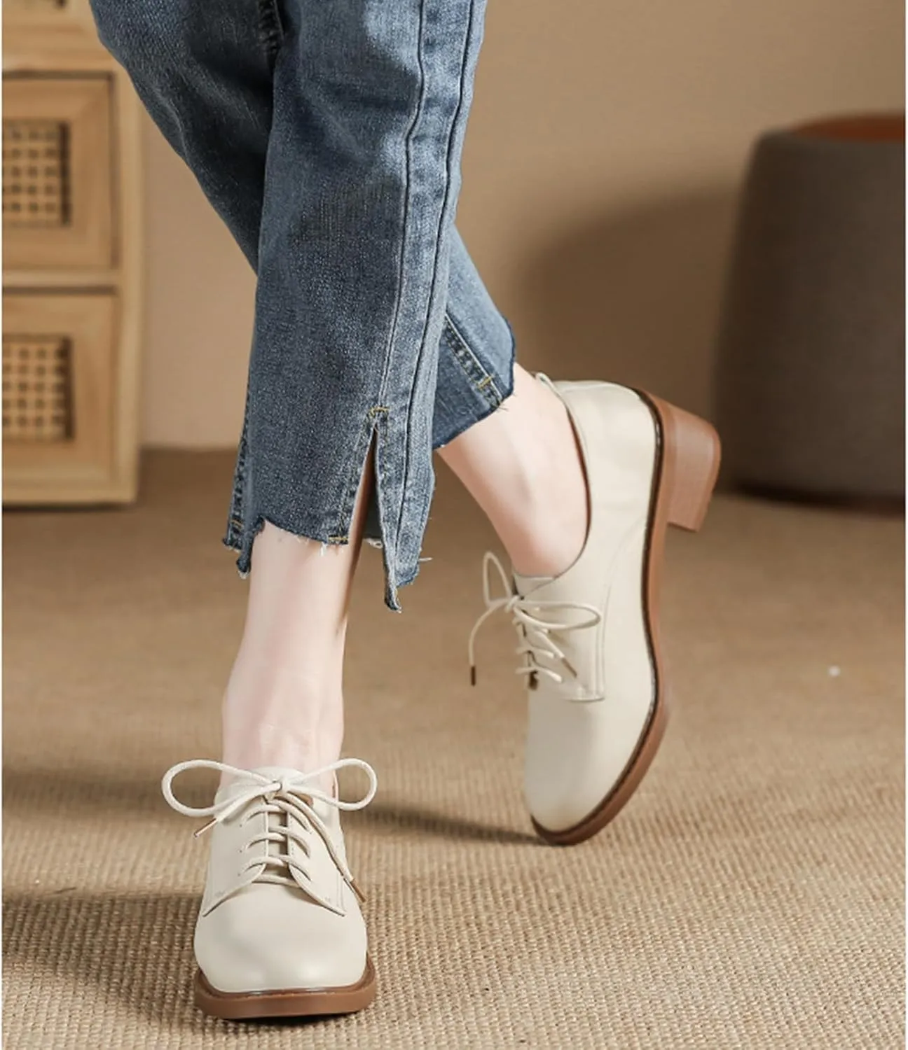 Women's Chunky Heel Breathable Leather Oxfords,Comfortable Round Toe Lace Up Block Mid Heel Dress Shoes,Casual Business Offices Work Shoes