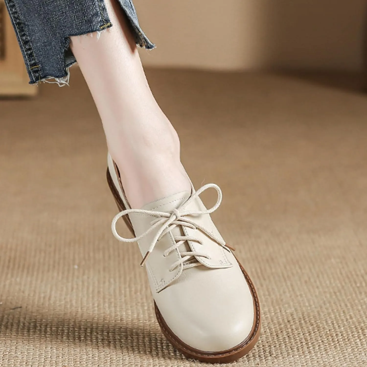 Women's Chunky Heel Breathable Leather Oxfords,Comfortable Round Toe Lace Up Block Mid Heel Dress Shoes,Casual Business Offices Work Shoes