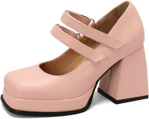Women's Chunky High Heel Mary Jane Pumps Platform Double Strap Classic Square Toe Dress Uniform Shoes