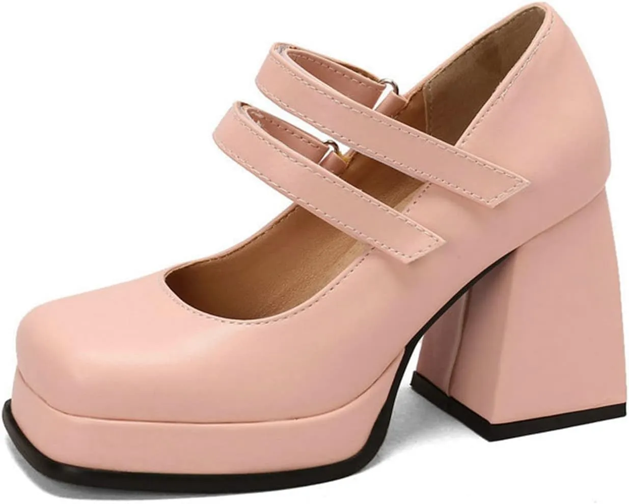 Women's Chunky High Heel Mary Jane Pumps Platform Double Strap Classic Square Toe Dress Uniform Shoes