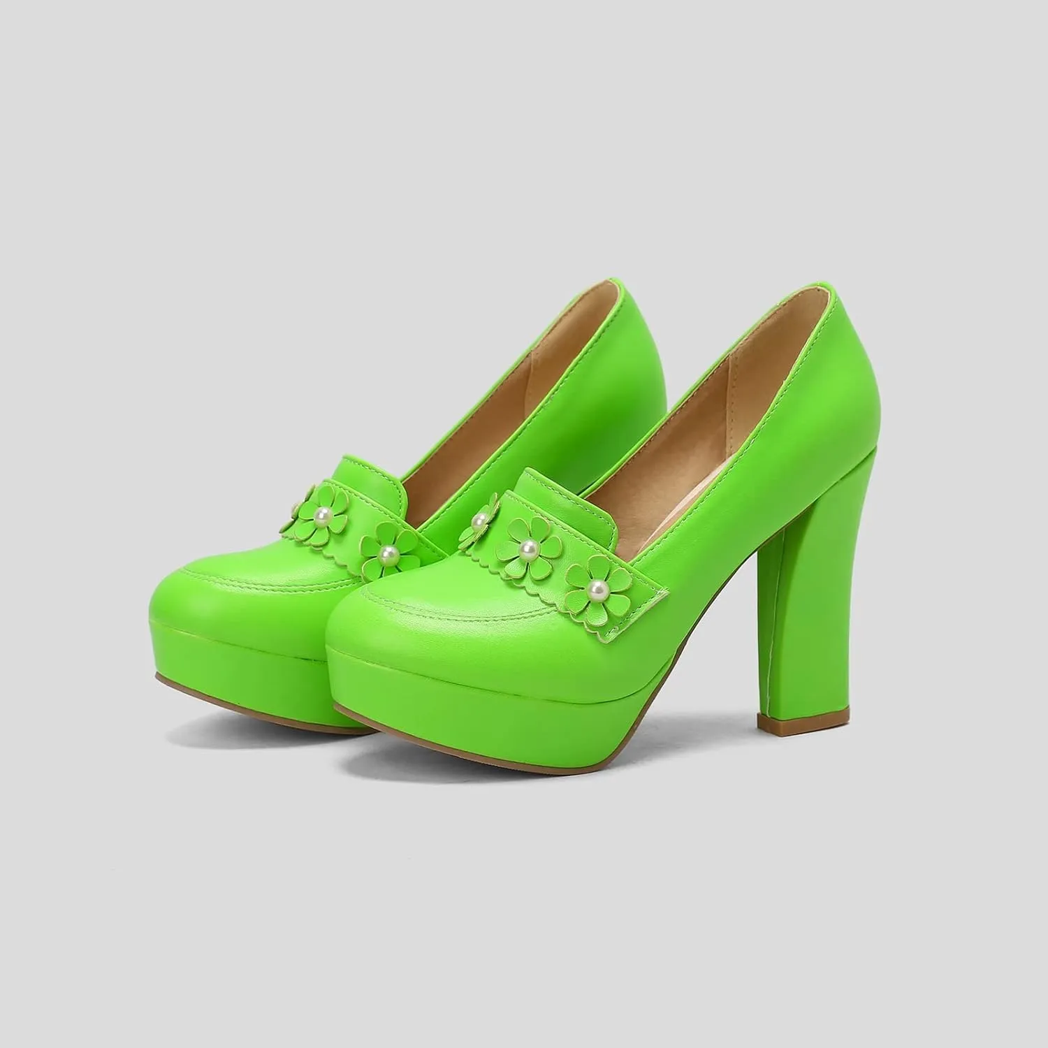 Women's Chunky High Heel Oxford Pumps Round Toe Fashion Flower Slip on Dress Office Platform Shoes