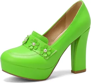 Women's Chunky High Heel Oxford Pumps Round Toe Fashion Flower Slip on Dress Office Platform Shoes