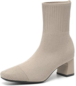Womens Elastic Knit Block Heel Ankle Boots Square Toe Slip On Breathable Casual Chunky Heel Sock Booties Comfort Fall Winter Dress Womens Boots