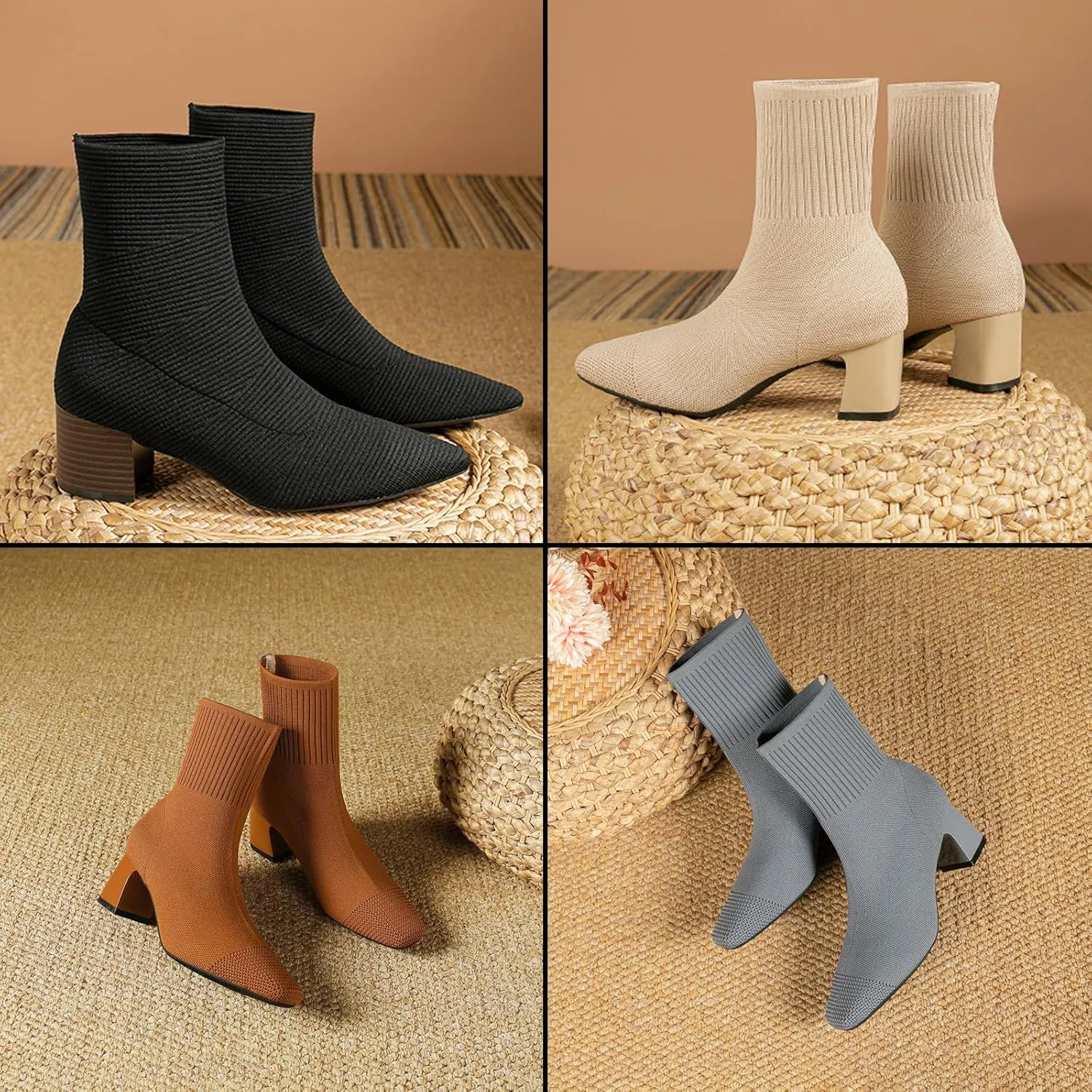 Womens Elastic Knit Block Heel Ankle Boots Square Toe Slip On Breathable Casual Chunky Heel Sock Booties Comfort Fall Winter Dress Womens Boots