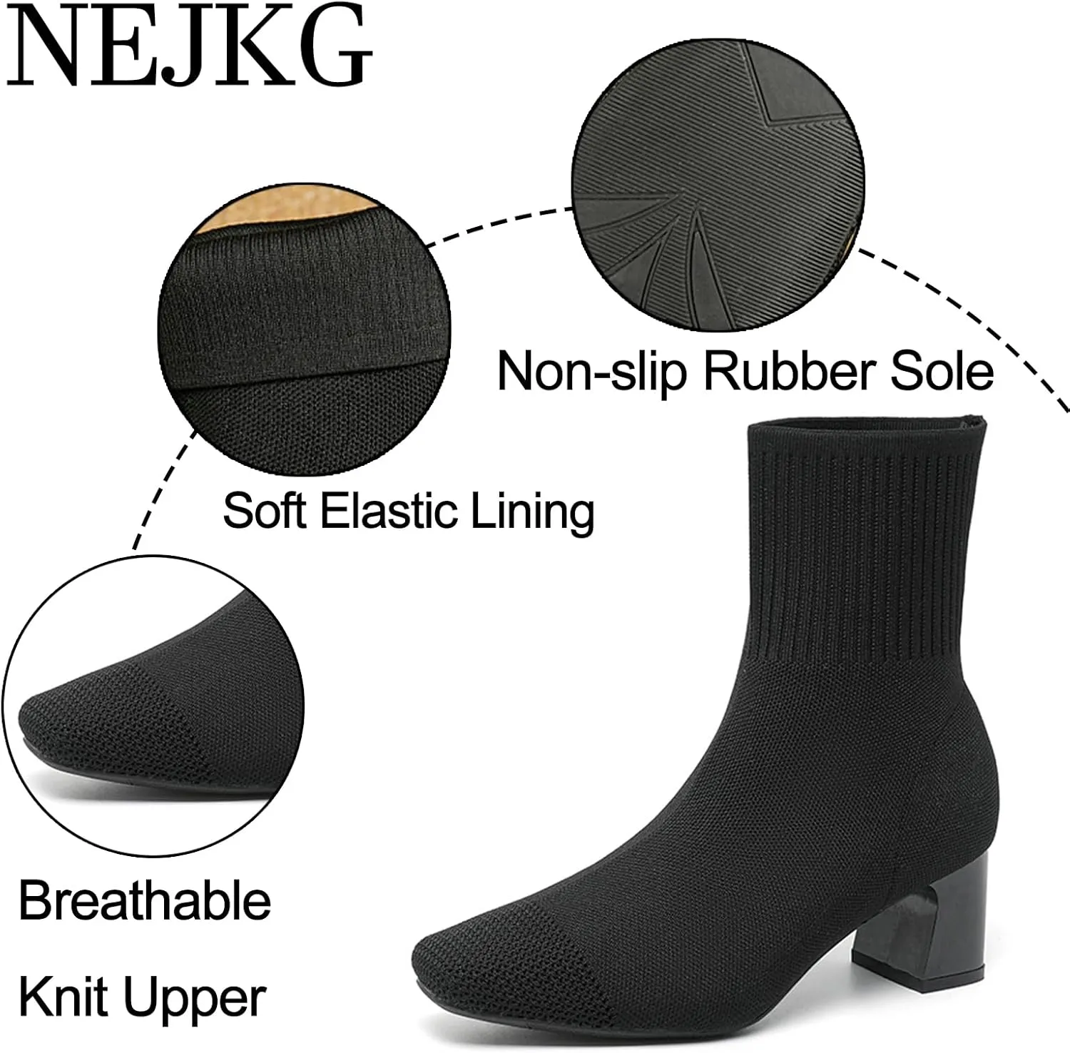 Womens Elastic Knit Block Heel Ankle Boots Square Toe Slip On Breathable Casual Chunky Heel Sock Booties Comfort Fall Winter Dress Womens Boots
