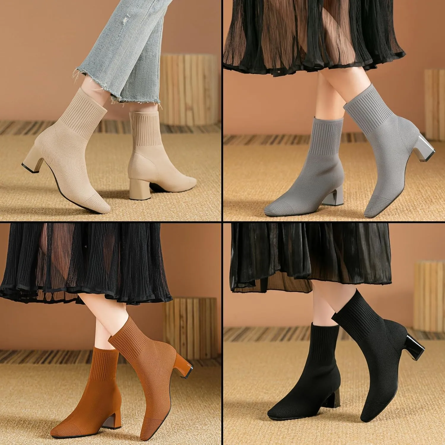 Womens Elastic Knit Block Heel Ankle Boots Square Toe Slip On Breathable Casual Chunky Heel Sock Booties Comfort Fall Winter Dress Womens Boots