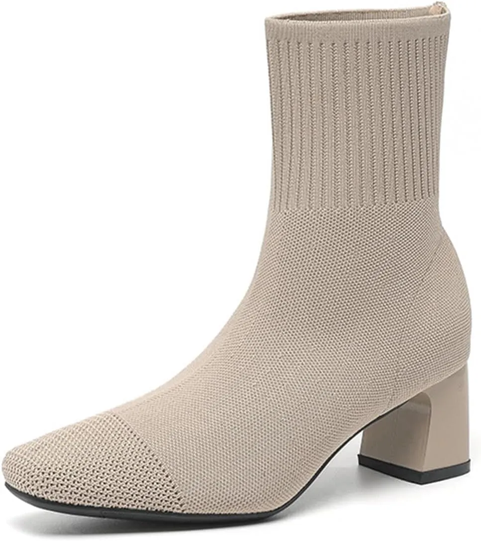 Womens Elastic Knit Block Heel Ankle Boots Square Toe Slip On Breathable Casual Chunky Heel Sock Booties Comfort Fall Winter Dress Womens Boots