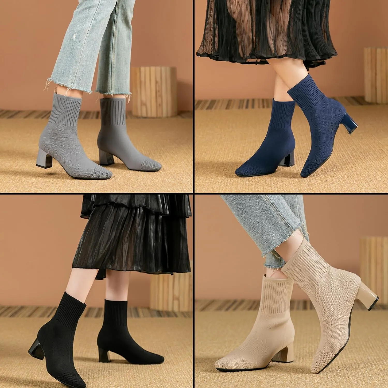 Womens Elastic Knit Block Heel Ankle Boots Square Toe Slip On Breathable Casual Chunky Heel Sock Booties Comfort Fall Winter Dress Womens Boots