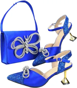 Women's Elegant Pointed Toe High Heel Pump and Bag Set with Buckle Strap for Evening Events