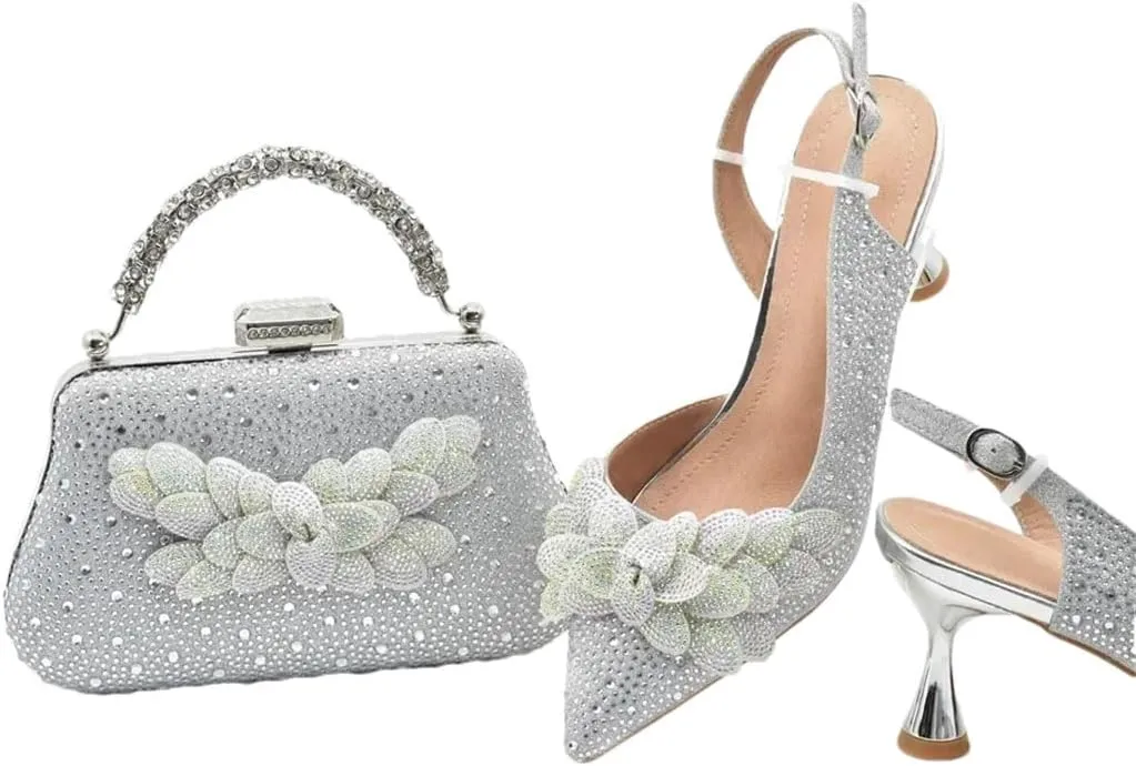 Women's Fashion Diamond High Heel Shoes and Bag Set with Pointed Toe Spike Heel Slingbacks for Party