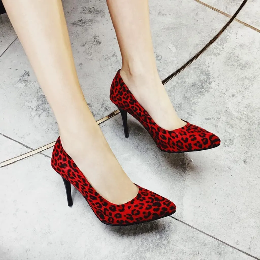 Women's Fashion Leopard Stiletto High Heel Dress Pumps Pointed Toe Slip On Party Office Pump Shoes