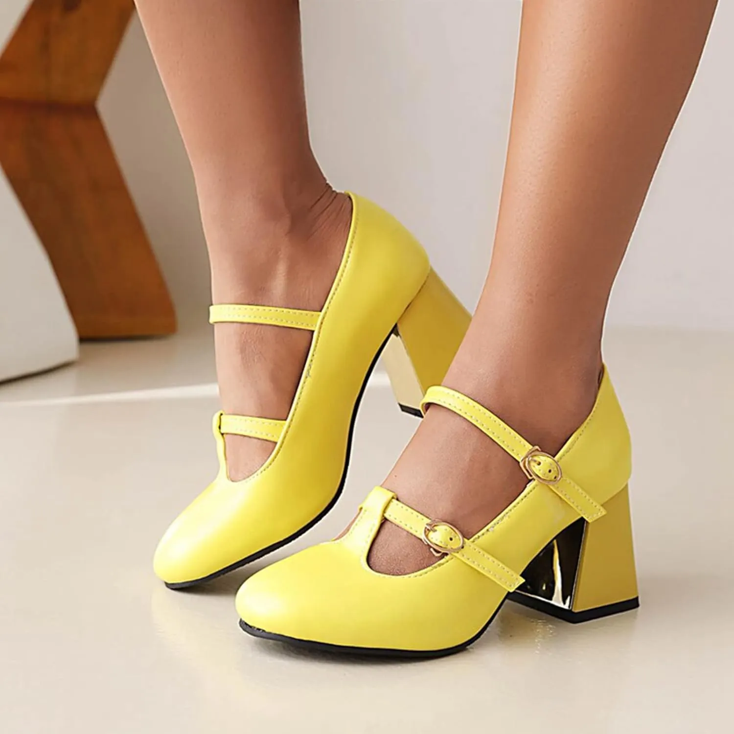 Women's Fashion Round Toe Dress Pumps Buckle T-Strap Ladies Metallic Chunky Block High Heel Shoes