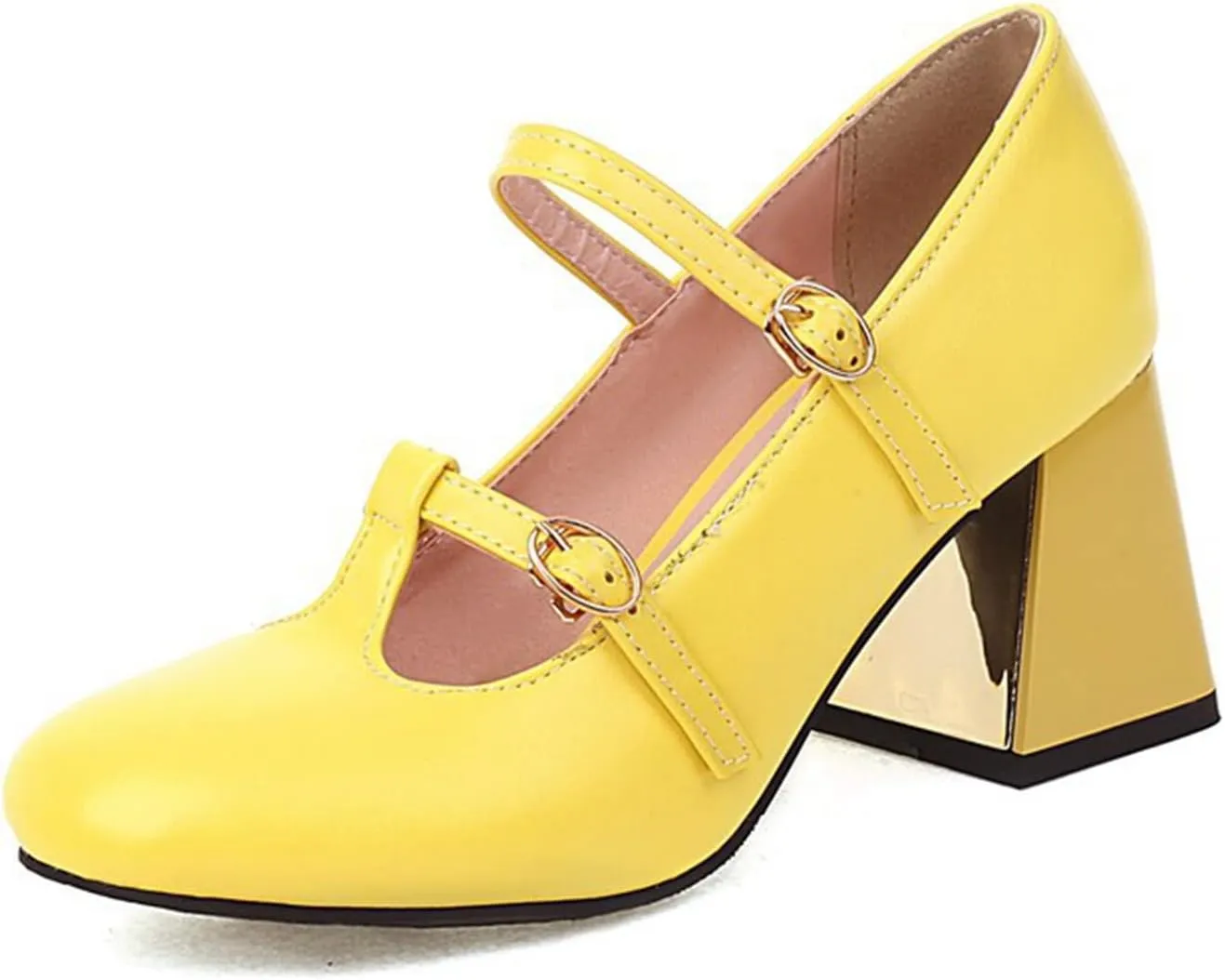 Women's Fashion Round Toe Dress Pumps Buckle T-Strap Ladies Metallic Chunky Block High Heel Shoes