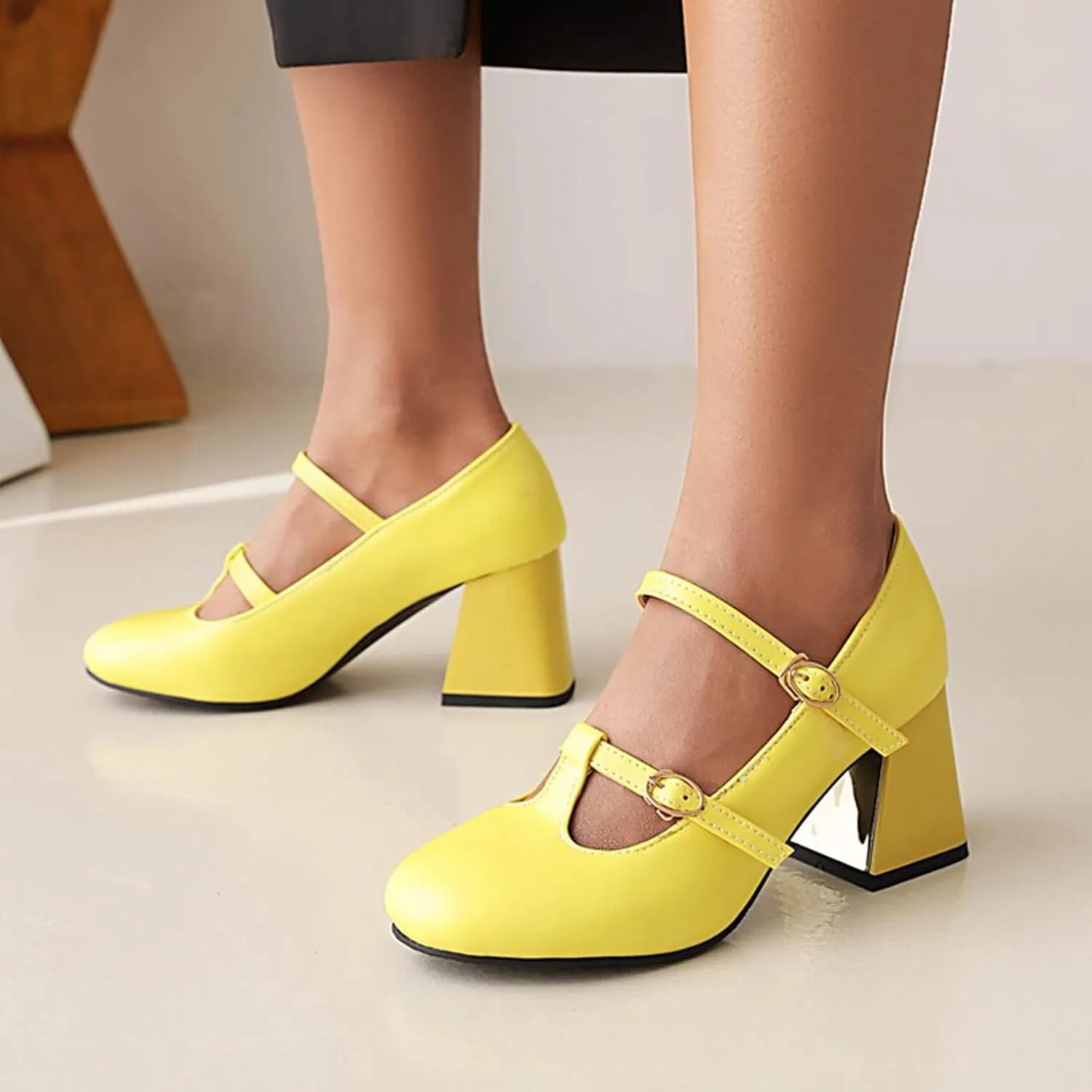 Women's Fashion Round Toe Dress Pumps Buckle T-Strap Ladies Metallic Chunky Block High Heel Shoes