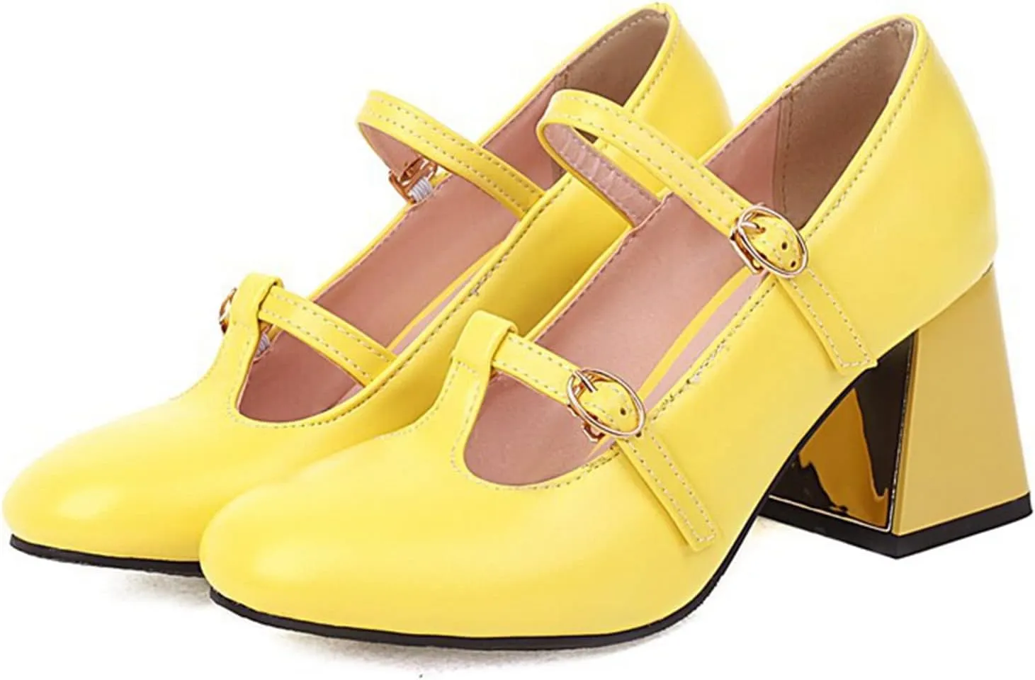 Women's Fashion Round Toe Dress Pumps Buckle T-Strap Ladies Metallic Chunky Block High Heel Shoes