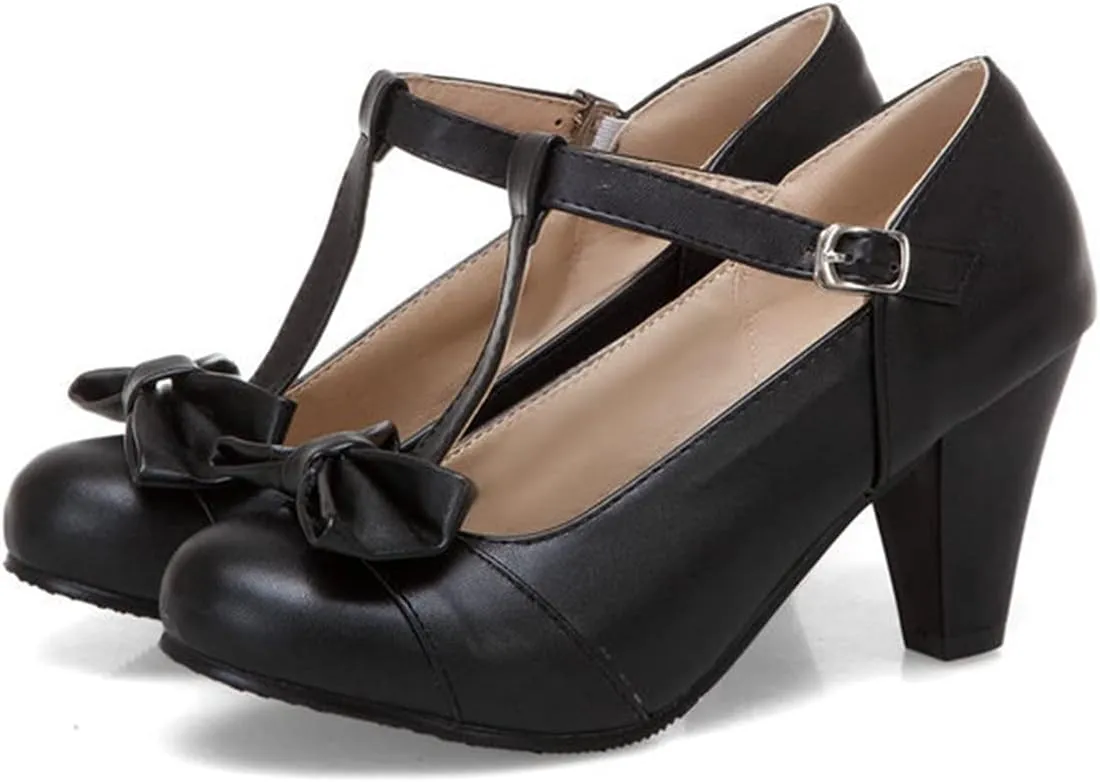 Women's Fashion Sweet Mary Janes Round Toe T-Strap Bows Adorable Buckle High Cone Heel Dress Pumps