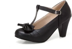 Women's Fashion Sweet Mary Janes Round Toe T-Strap Bows Adorable Buckle High Cone Heel Dress Pumps