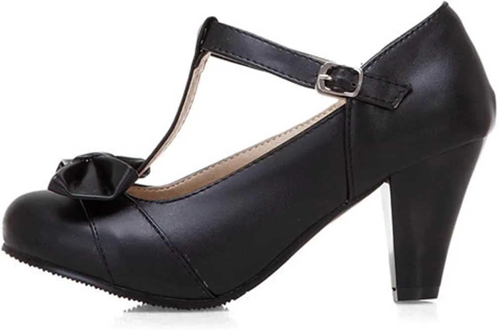 Women's Fashion Sweet Mary Janes Round Toe T-Strap Bows Adorable Buckle High Cone Heel Dress Pumps