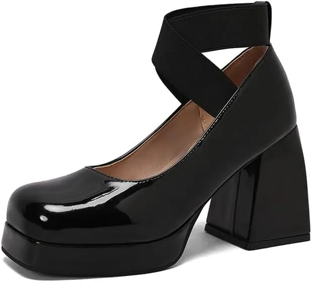 Women's Glossy Bling Square Toe Block Heel Platform Ankle Strap Pumps