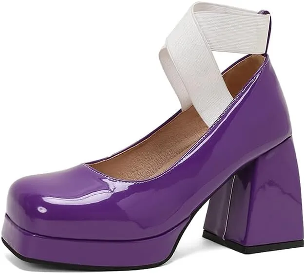 Women's Glossy Bling Square Toe Block Heel Platform Ankle Strap Pumps
