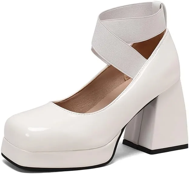 Women's Glossy Bling Square Toe Block Heel Platform Ankle Strap Pumps
