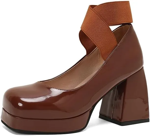 Women's Glossy Bling Square Toe Block Heel Platform Ankle Strap Pumps