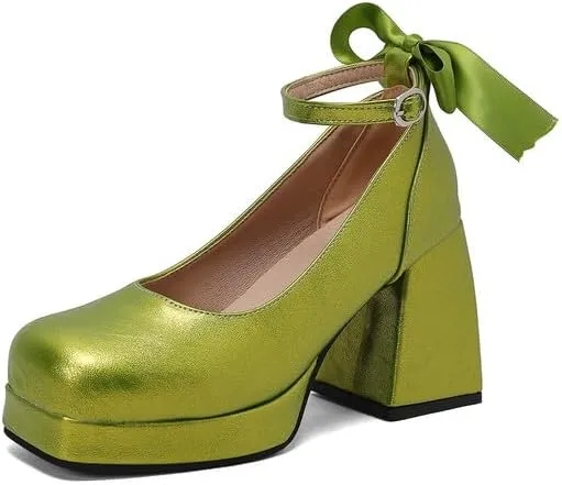 Women's Glossy Bows Square Toe Block Heel Ankle Strap Platform Pumps