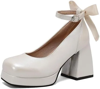 Women's Glossy Bows Square Toe Block Heel Ankle Strap Platform Pumps