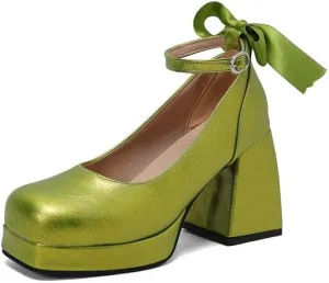 Women's Glossy Bows Square Toe Block Heel Ankle Strap Platform Pumps