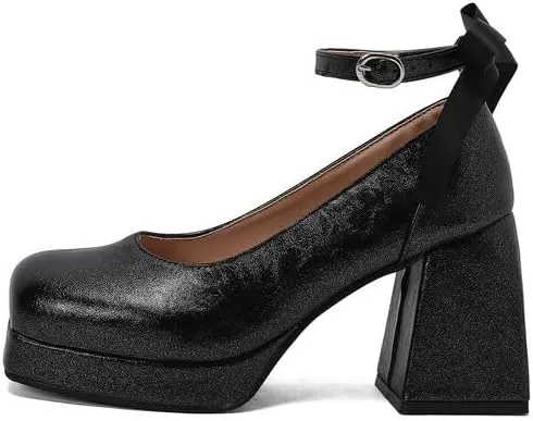 Women's Glossy Bows Square Toe Block Heel Ankle Strap Platform Pumps