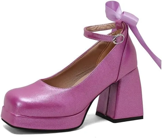 Women's Glossy Bows Square Toe Block Heel Ankle Strap Platform Pumps