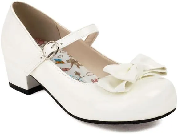 Women's Glossy Bows Square Toe Block Heel Mary Janes Pumps