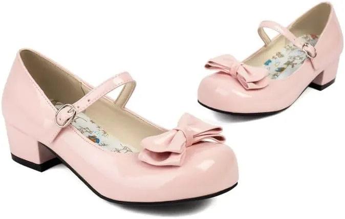 Women's Glossy Bows Square Toe Block Heel Mary Janes Pumps