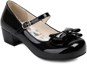 Women's Glossy Bows Square Toe Block Heel Mary Janes Pumps