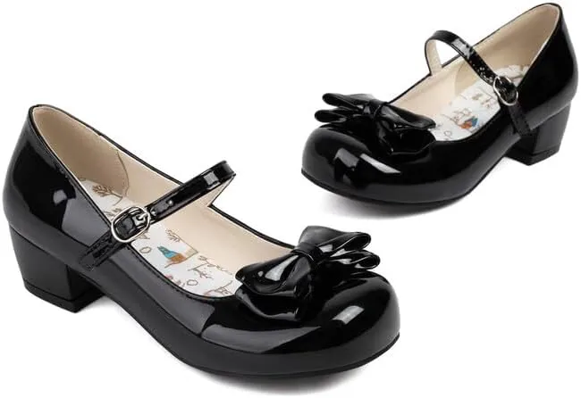 Women's Glossy Bows Square Toe Block Heel Mary Janes Pumps