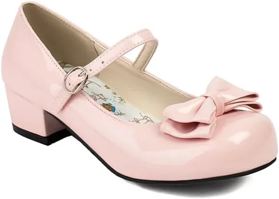 Women's Glossy Bows Square Toe Block Heel Mary Janes Pumps